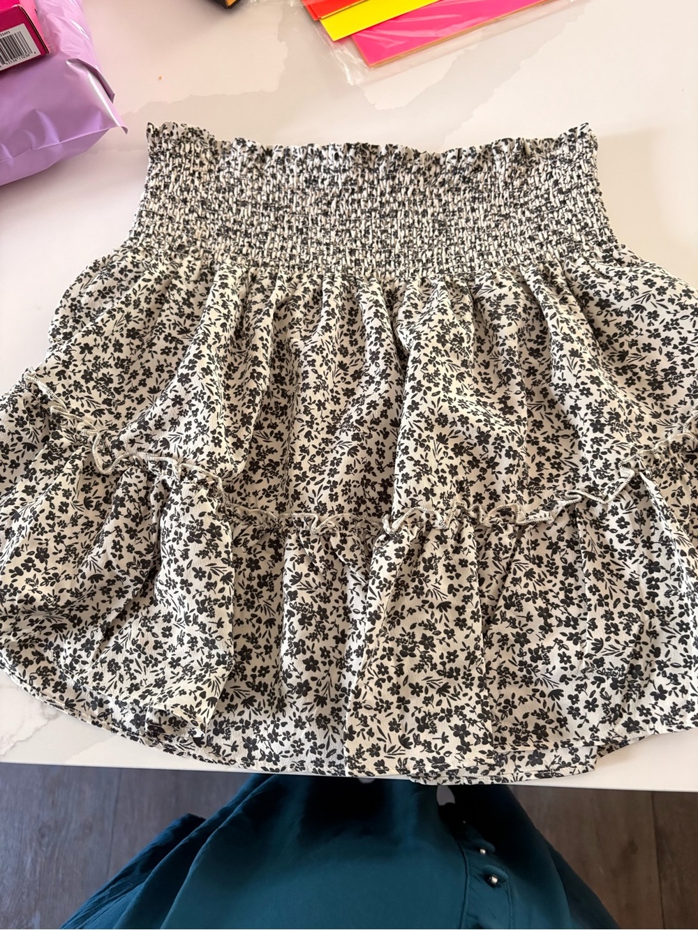 Altar'd State Cream Smocked Floral Ruffle Skirt